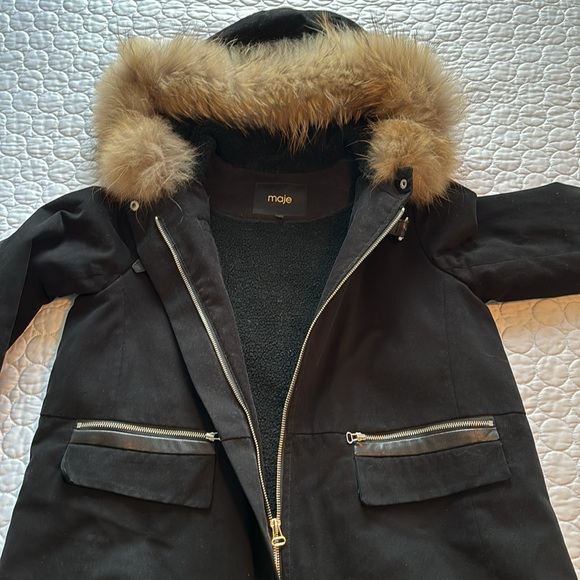 MAJE Black Fox Fur Parka Leather Trim sz 1 (small) - Picture 2 of 12